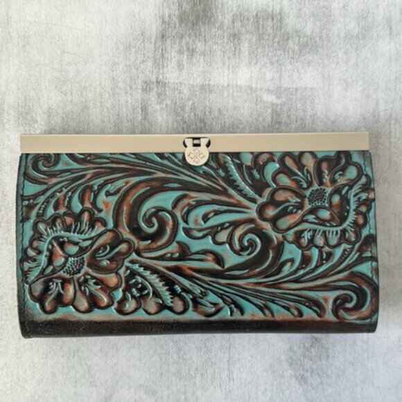 Patricia Nash Wallet Leather Framed Turquoise Cauchy Tooled - Picture 1 of 10
